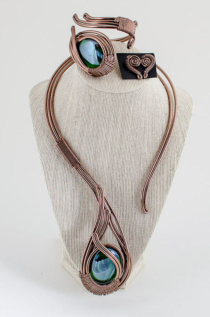 Green glass stone copper wire jewelry set