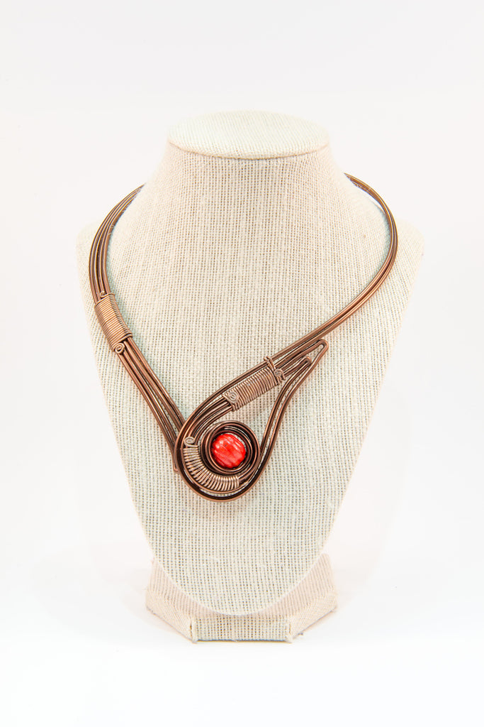 Orange stone copper wire statement necklace