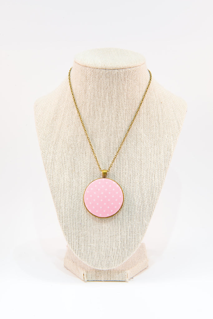 Pink & white polka dots fabric button necklace