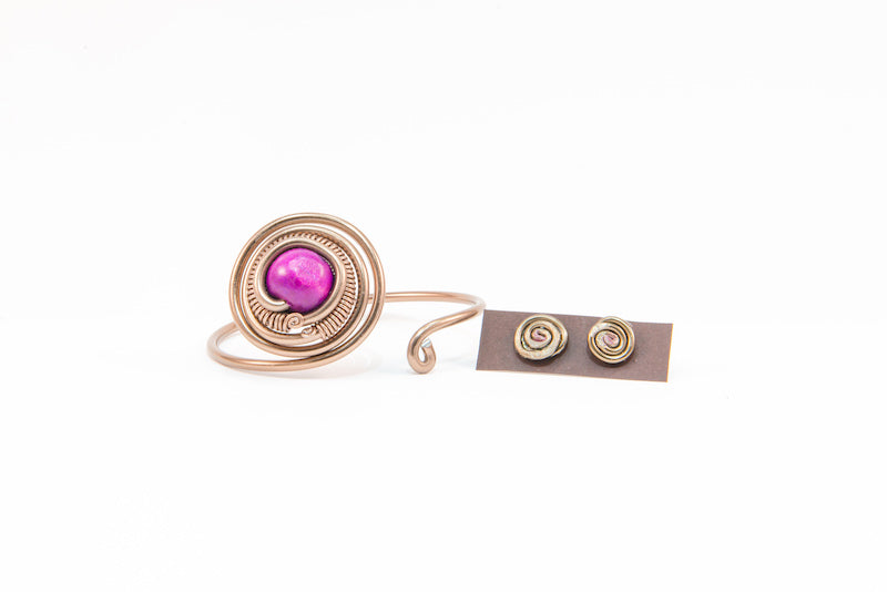 Purple bead copper wire bracelet and earrings set