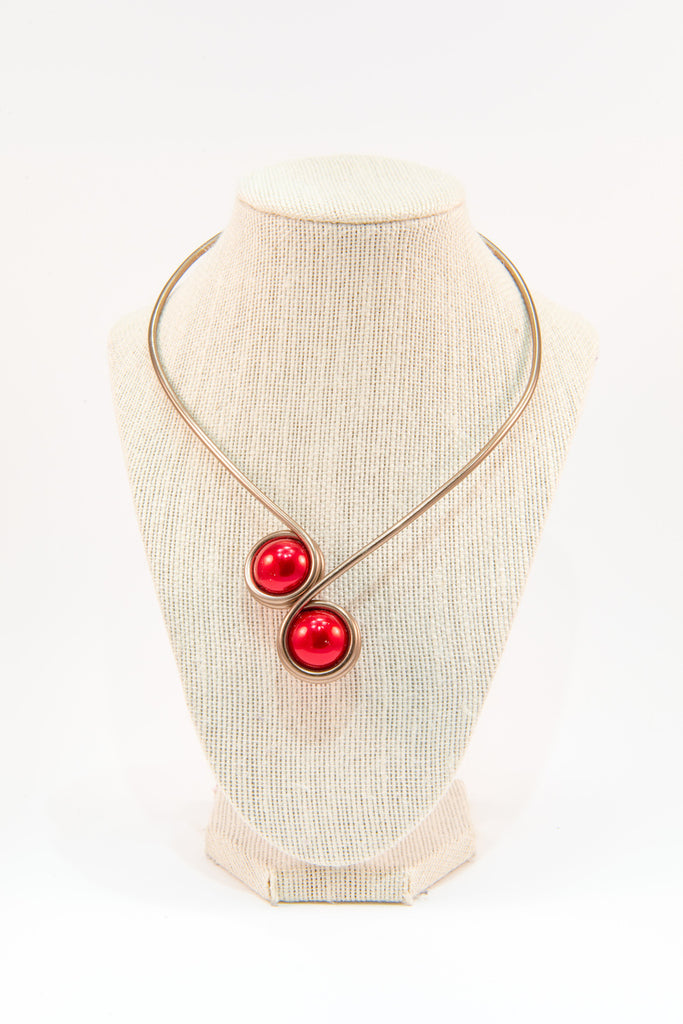 Red beads copper wire statement necklace
