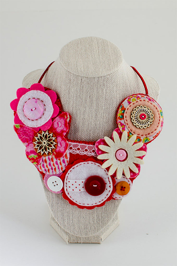 Red & pink textile necklace
