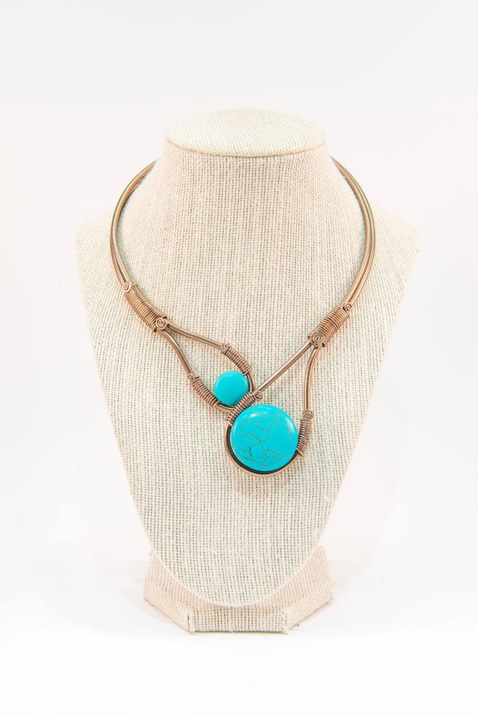 Turquoise stone copper wire statement necklace