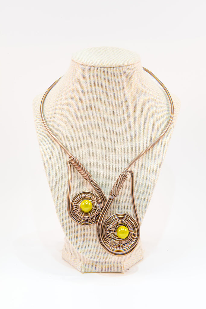 Yellow beads copper wire statement necklace
