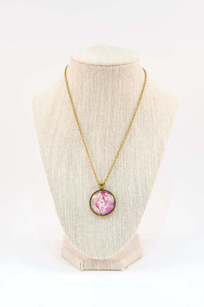 Cherry flowers glass button necklace