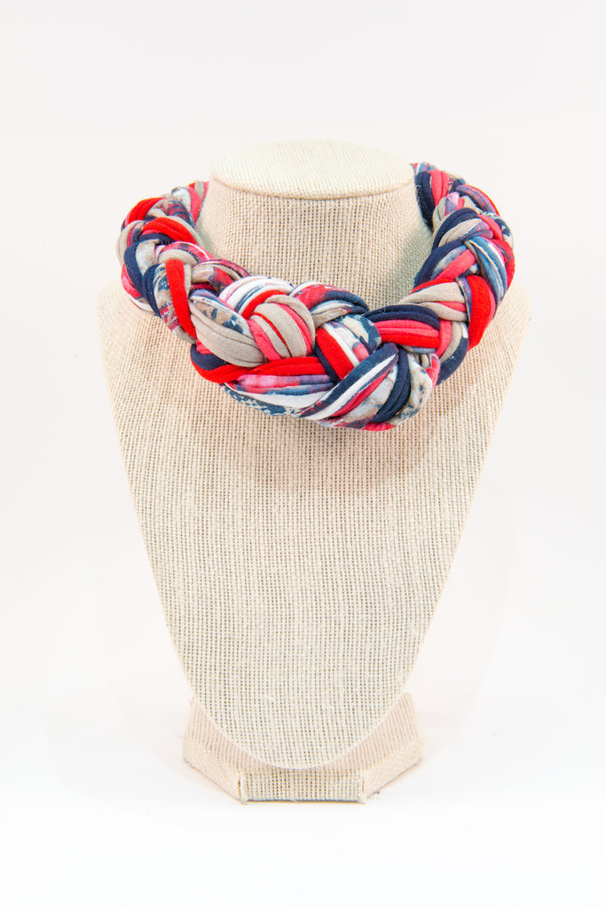 Colorful textile necklace (red & blue patterns)