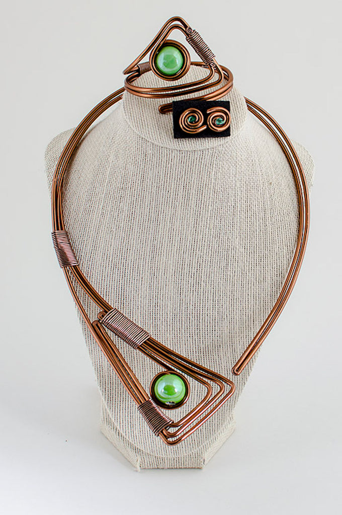 Light green stone copper wire jewelry set