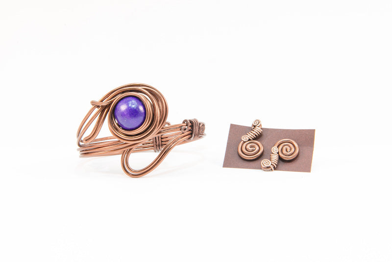 Navy bead copper wire bracelet and earrings set