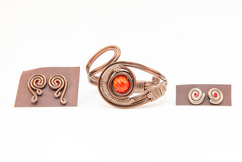 Orange stone copper wire bracelet and earrings set