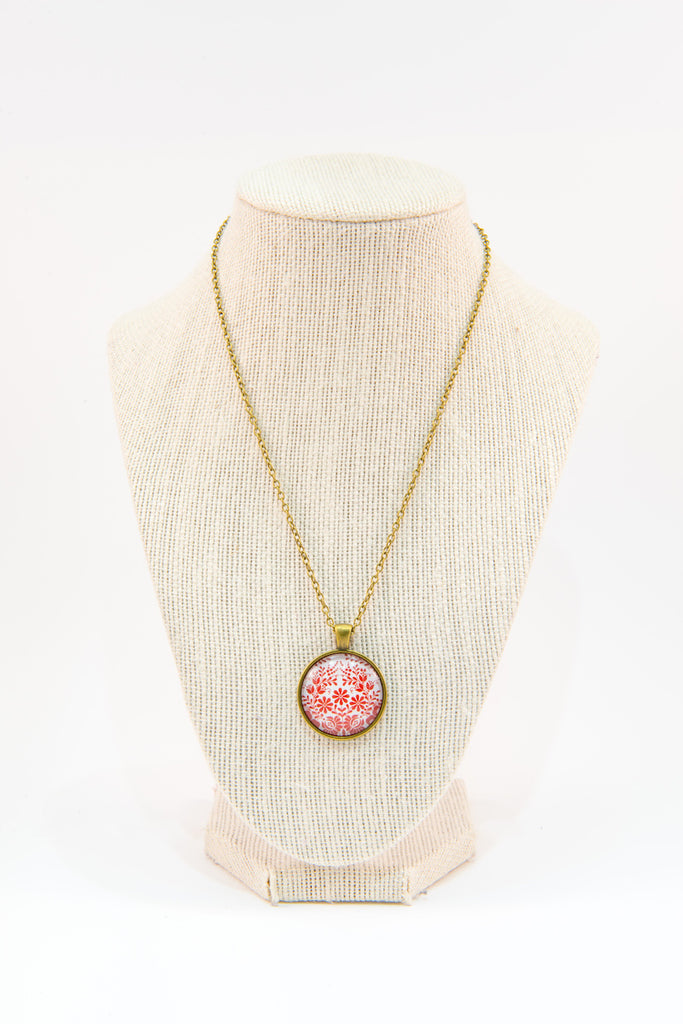 Red & white glass button necklace