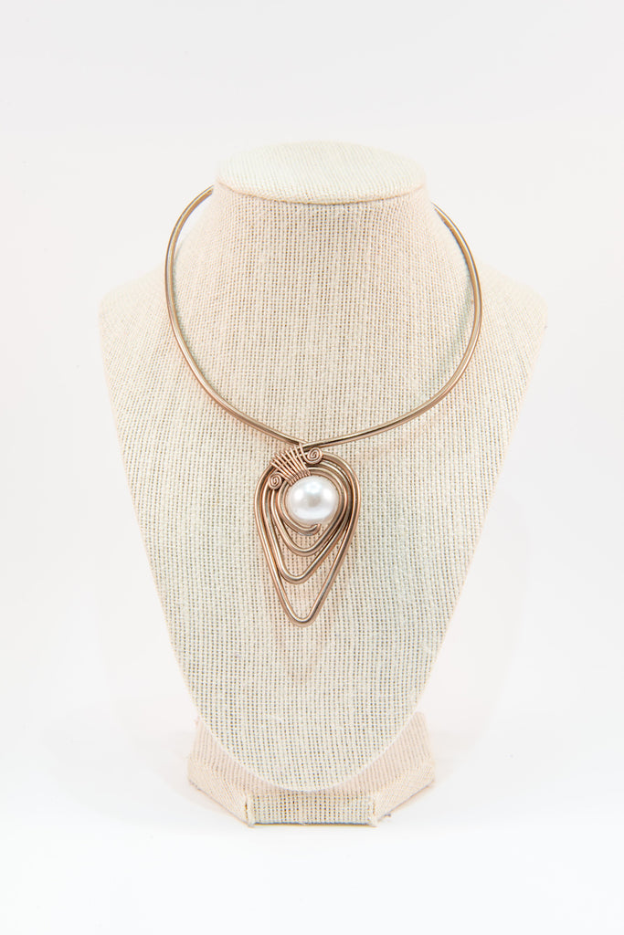 White pearl copper wire statement necklace