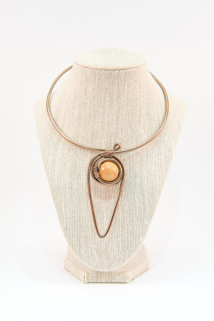 Wooden bead copper wire statement necklace